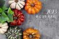 The October 2023 Calendar and pumpkins with autuma leaf on old wood background Royalty Free Stock Photo