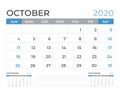 October 2020 Calendar Template, Desk Calendar Layout  Size 8 X 6 Inch, Planner Design, Week Starts On Sunday, Stationery Design