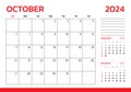 October 2024 Calendar. Week start on Sunday. Desk calendar 2024 design, simple and clean design, Wall calendar for print, digital