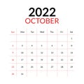 October 2022 calendar and week starts on sunday Royalty Free Stock Photo