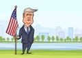 OCTOBER, 30, 2017: Caricature character of American President Donald Trump, standing with flag on the background of big