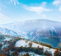 October Carpathian mountain Borghava plateau with first winter snow and autumn colorful trees, Ukraine Royalty Free Stock Photo