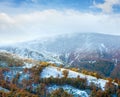 October Carpathian mountain plateau with first winter snow and autumn colourful foliage. Ukraine Royalty Free Stock Photo