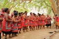 October 01 2022 - Cultural Village Matsamo, Swaziland, Eswatini: bare feet of Swazi dancers with handmade rattles during
