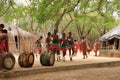 October 01 2022 - Cultural Village Matsamo, Swaziland, Eswatini: bare feet of Swazi dancers with handmade rattles during Royalty Free Stock Photo