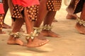 October 01 2022 - Cultural Village Matsamo, Swaziland, Eswatini: bare feet of Swazi dancers with handmade rattles during