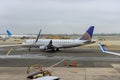 United passenger aircraft is taxiing away from Newark EWR airport as it prepares to depart Royalty Free Stock Photo