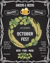 October fest beer festival. Cheers and beers invitation with hop, wheat and glasses of beer on chalkboard background. Design templ Royalty Free Stock Photo