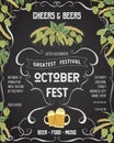 October fest beer festival. Cheers and beers invitation with hop, wheat and glasses of beer on chalkboard background. Design templ