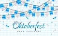 October fest Celebration party banner. Blue and white foil confetti and flag garland. Vector illustration