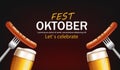 October fest poster with beer glasses and sausage Vector realistic. grill food 3d illustrations Royalty Free Stock Photo