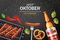 October fest poster Vector realistic. Beer, pretzel, grill sausage food. 3d illustrations Royalty Free Stock Photo
