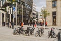 October 27, 2018. Germany, Dusseldorf. City parking bicycle parked background building complex known K -Bogen City Center,