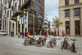 October 27, 2018. Germany, Dusseldorf. City parking bicycle parked background building complex known K -Bogen City Center,