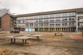 25 October 2018 Germany, Dusseldorf. Facade of building school, school, view of the sports ground with tables for table tennis