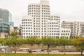 25 October 2018 Germany, Dusseldorf. Facade of modern architecture, landmark and observation deck on the beautiful design of the