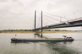 27 October 2018 Germany, Dusseldorf. North Rhine. Cargo ship, barge goes along the North Rhine river. Theme freight transport by Royalty Free Stock Photo