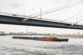 27 October 2018 Germany, Dusseldorf. North Rhine. Cargo ship, barge goes along the North Rhine river. Theme freight transport by Royalty Free Stock Photo