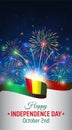 October 2, guinea independence day, vector template with guinean flag and colorful fireworks on blue night sky background. Guinea