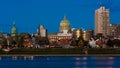 OCTOBER 25, 2016 - HARRISBURG, PENNSYLVANIA, City skyline and State Capitol shot at dusk from Susquehanna River, PA