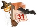 October 31 Holiday Of Halloween. Tear-off Calendar. Halloween Accessory Pumpkin Lantern, Bat, Broom, Spider Web, Hat