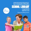 This october, international school library month text, caucasian mother with children reading book