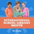 This october, international school library month text, caucasian mother reading book with children Royalty Free Stock Photo