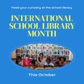 This october, international school library month text, diverse children and woman lying and reading
