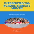 This october, international school library month text and diverse teacher and children reading book