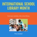 This october, international school library month text, diverse teacher showing laptop to children