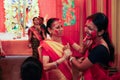 october, 2018, Kolkata, India. Bengali wives playing with sindur on the occasion of maha vijaya dashami, a common hindu ritual