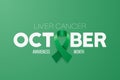 October. Liver Cancer Banner, Card, Placard with Vector 3d Realistic Emerald Green Ribbon on Green Background. Liver