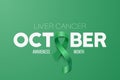 October. Liver Cancer Banner, Card, Placard with Vector 3d Realistic Emerald Green Ribbon on Green Background. Liver