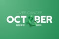 October. Liver Cancer Banner, Card, Placard with Vector 3d Realistic Emerald Green Ribbon on Green Background. Liver