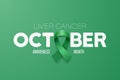 October. Liver Cancer Banner, Card, Placard with Vector 3d Realistic Emerald Green Ribbon on Green Background. Liver