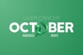 October. Liver Cancer Banner, Card, Placard with Vector 3d Realistic Emerald Green Ribbon on Green Background. Liver