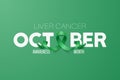 October. Liver Cancer Banner, Card, Placard with Vector 3d Realistic Emerald Green Ribbon on Green Background. Liver