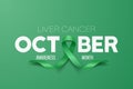 October. Liver Cancer Banner, Card, Placard with Vector 3d Realistic Emerald Green Ribbon on Green Background. Liver