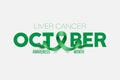 October. Liver Cancer Banner, Card, Placard with Vector 3d Realistic Emerald Green Ribbon on White Background. Liver
