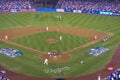 OCTOBER 26, 2018 - LOS ANGELES, CALIFORNIA, USA - DODGER STADIUM: Outfielder Cory Bellinger throws out Boston's Ian Kinsler as Aus