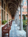 October 2018 - Mechelen, Belgium: Long corridor in the courtyard of the 16th century Palace of Margaret of Austria in the city