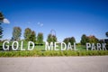 Sign for the Gold Medal Park in downtown Minneapolis on a sunny day