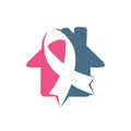 Pink ribbon home vector logo design. Breast cancer awareness symbol.