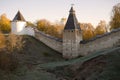 October morning at walls of Holy Dormition Pskov-Caves Monastery. Pechora, Russia Royalty Free Stock Photo