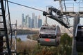 October 1, 2020, Moscow The cabin of the cable car on the background of the building of the Moscow City business center, the