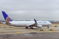 Newark International Airport EWR passenger airplane United Airlines on runway preparing for departure Royalty Free Stock Photo