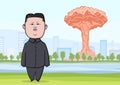 OCTOBER, 30, 2017: Nuclear bomb explosion in the city, mushroom clouds and caricature character of the North Korean