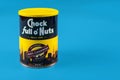 Chock full o Nuts, metal box can for coffee packaging on a isolated against a blue background