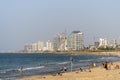 October, 21, 2018 - Panoramic view of Tel-Aviv public beach on Mediterranean sea at cityscape background shot on a sunny day Royalty Free Stock Photo