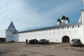 Pereslavl-Zalessky, Russia - Tourists in cars near the walls of the Nikitsky Monastery